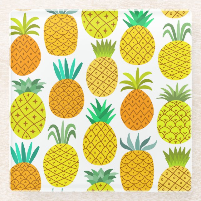 Isolated Pineapple: Vintage Seamless Pattern. Glass Coaster (Front)