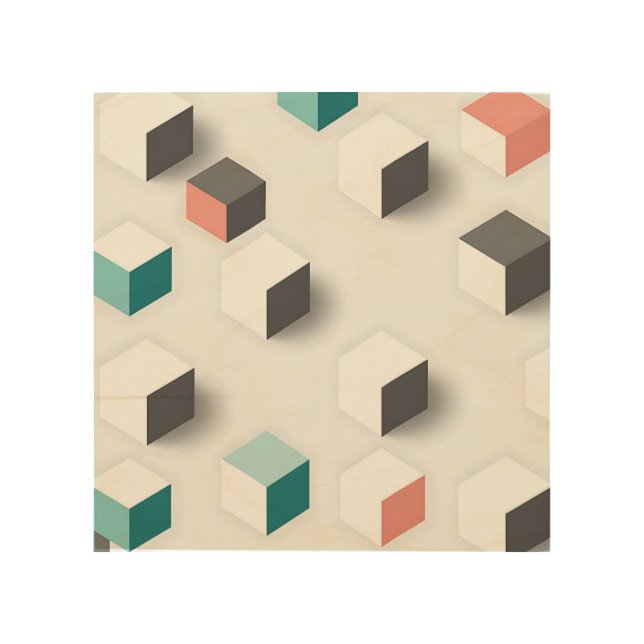 Isometric 3D Cubes Geometric Abstract Pattern Wood Wall Art (Front)