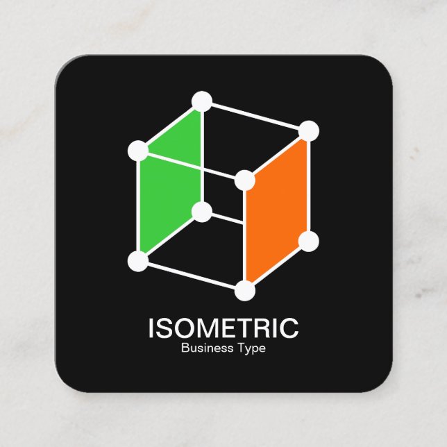 Isometric Cube -  White, Green and Orange on Black Square Business Card (Front)