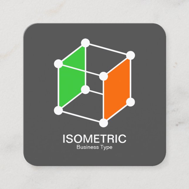 Isometric Cube -  White, Green and Orange on Gray Square Business Card (Front)