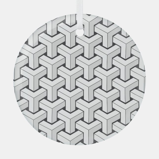 Isometric Cubes Black White Pattern Glass Ornament (Front)