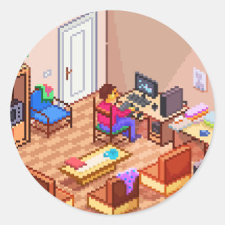 Isometric  Pixel Art Gaming PC Room Classic Round Sticker