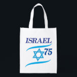 Israel 75 Anniversary, Independence Day - Modern Grocery Bag<br><div class="desc">Israel 75th anniversary, Independence Day Blue Star of David, Israeli Flag, Yom Haatzmaut Jewish Holiday festive greeting logo, Jerusalem banner with Israeli blue star, Magendavid label flag, fireworks, modern design wallpaper. 2023 celebrate. Israel 75 Birthday Festival celebration. Modern design with text template. Personalized modern trendy bag. Accessories > Bags &...</div>
