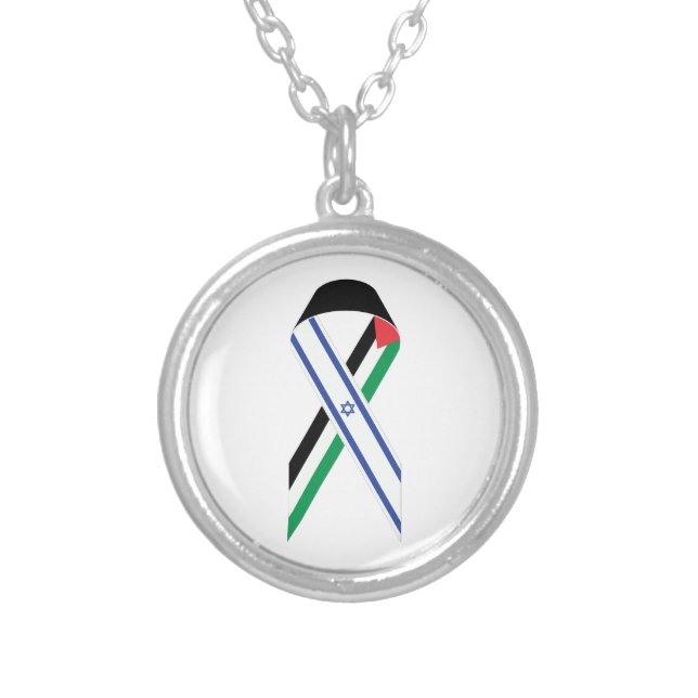 Israel and Palestine flag peace ribbon Silver Plated Necklace (Front)