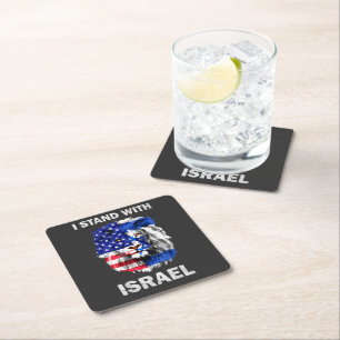 Israel and USA Flag Lion _ I Stand with Israel Square Paper Coaster