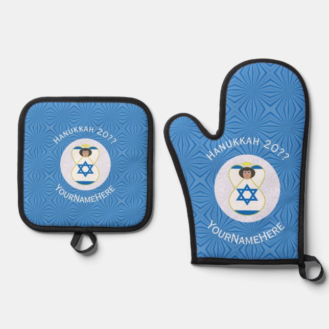 Israel Angel Hanukkah Flag Personalized  Oven Mitt & Pot Holder Set (Front)