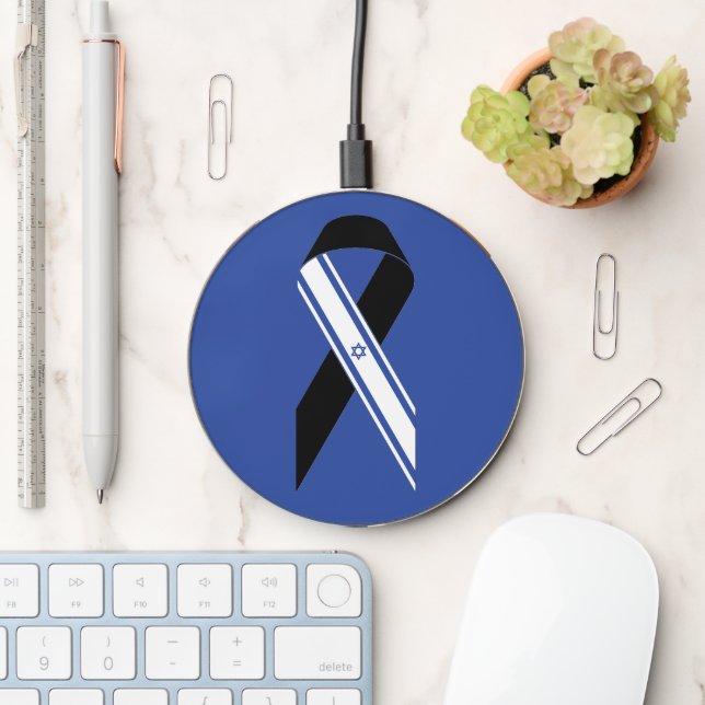 Israel flag black ribbon memorial blue wireless charger  (Desk)