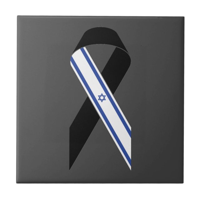 Israel flag black ribbon memorial dark grey ceramic tile (Front)