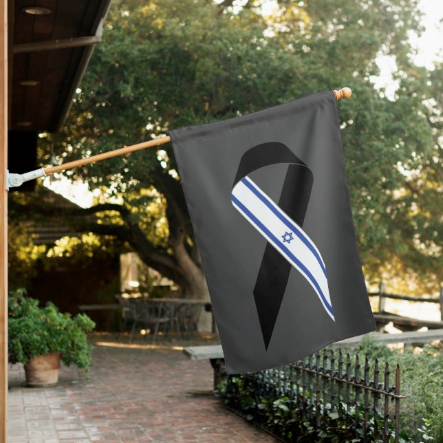 Israel flag black ribbon memorial house flag (In SItu)