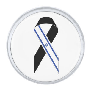 Israel flag black ribbon silver finish lapel pin
