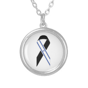 Israel flag black ribbon silver plated necklace