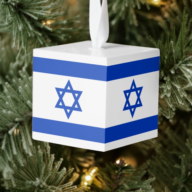 Israel flag blue white modern Hanukkah Chrismukkah Cube Ornament (Tree)