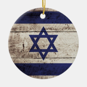 Israel Flag on Old Wood Grain Ceramic Ornament