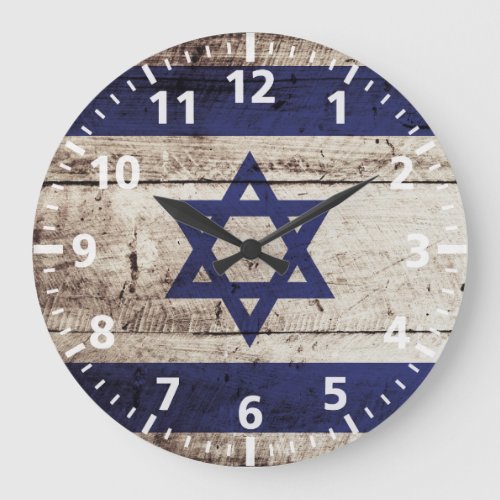 Israel Flag on Old Wood Grain Large Clock