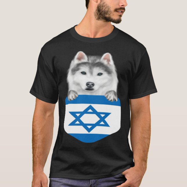 Israel Flag Siberian Husky Dog In Pocket T-Shirt (Front)