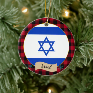 Israel, Red buffalo plaid & Israel Flag Ceramic Ornament