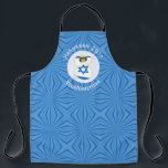 Israeli Angel Hanukkah Flag Blue Personalized Apron<br><div class="desc">Personalized all over print apron for Hanukkah features an angel dressed in the Flag of Israel.. The angel is found inside a white fractal circle of squiggly squares with a background of blue squiggly squares. Add your own text, if you wish. Personalize with a name, holiday, and year. Fun housewarming...</div>