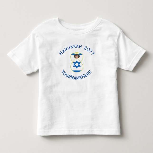 Israeli Angel Hanukkah Flag Blue Personalized  Toddler T-shirt (Front)