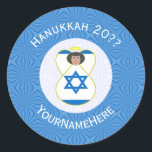 Israeli Angel Hanukkah Flag Personalized  Classic Round Sticker<br><div class="desc">Round sticker shows an angel wearing the flag of Israel on this sticker for holiday or Hanukkah gift decorating. The Israeli Flag angel is found inside a white, fractal circle of squiggly squares. The background is a blue fractal of squiggly squares. Add your own text or personalize with a name,...</div>