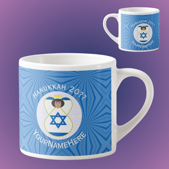 Israeli Angel Hanukkah Flag Personalized Espresso Cup (Personalized espresso cup for Hanukkah with an angel dressed in the Israeli flag. White text.)
