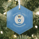 Israeli Angel Hanukkah Flag Personalized Glass Ornament<br><div class="desc">Hexagon shaped glass ornament for holiday and Hanukkah decor featuring an angel dressed in the blue and white flag of Israel. Designed for families of multiple religions. The Hanukkah Israeli flag angel flies inside a white circle of squiggly squares, surrounded by a background of blue squiggly squares. Add a name...</div>