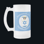 Israeli Angel Hanukkah Flag Personalized Large Frosted Glass Beer Mug<br><div class="desc">Personalized large frosted glass beer mug for Hanukkah features an angel dressed in the Israeli flag. White text lets you add a name, year, and holiday. Design shows on two sides of mug. Angels are inside a white fractal circle of squiggly squares. Background is a fractal of blue squiggly squares....</div>