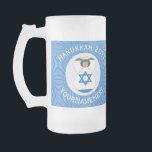 Israeli Angel Hanukkah Flag Personalized Large Frosted Glass Beer Mug<br><div class="desc">Personalized large frosted glass beer mug for Hanukkah features an angel dressed in the Israeli flag. White text lets you add a name, year, and holiday. Design shows on two sides of mug. Angels are inside a white fractal circle of squiggly squares. Background is a fractal of blue squiggly squares....</div>