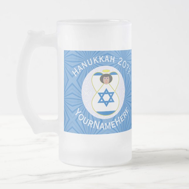 Israeli Angel Hanukkah Flag Personalized Large Frosted Glass Beer Mug (Left)