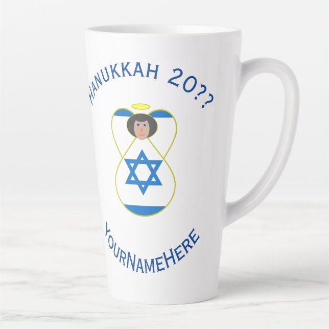 Israeli Angel Hanukkah Flag Personalized Large Latte Mug (Right)