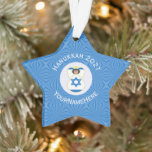 Israeli Angel Hanukkah Flag Personalized Ornament<br><div class="desc">Star shaped ornament for holiday and Hanukkah decor featuring an angel dressed in the blue and white flag of Israel. Designed for families of multiple religions. The Hanukkah Israeli flag angel flies inside a white circle of squiggly squares, surrounded by a background of blue squiggly squares. Add a name to...</div>