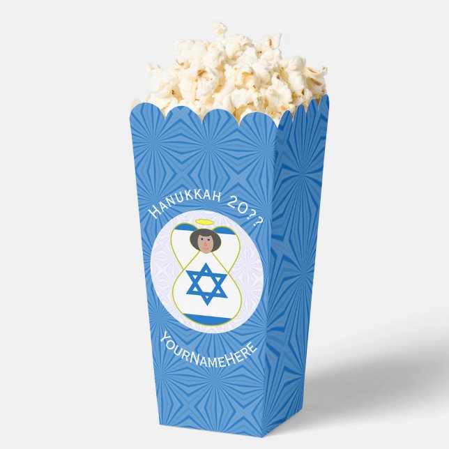 Israeli Angel Hanukkah Flag Personalized Popcorn Favor Boxes (Personalized popcorn favor box for Hanukkah. Angel wearing Israeli Flag inside white circle on blue.)