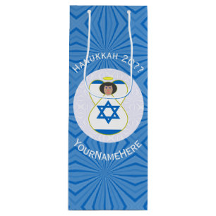 Israeli Angel Hanukkah Flag Personalized Wine Gift Bag