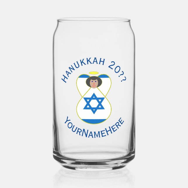 Israeli Flag Hanukkah Angel Personalized Can Glass (Front)