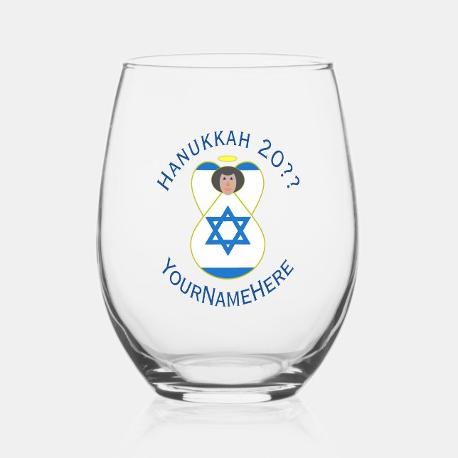 Israeli Flag Hanukkah Angel Personalized Stemless Wine Glass (Front)
