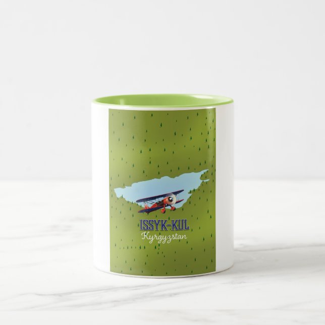 Issyk-Kul Kyrgyzstan lake travel poster art. Two-Tone Coffee Mug (Center)
