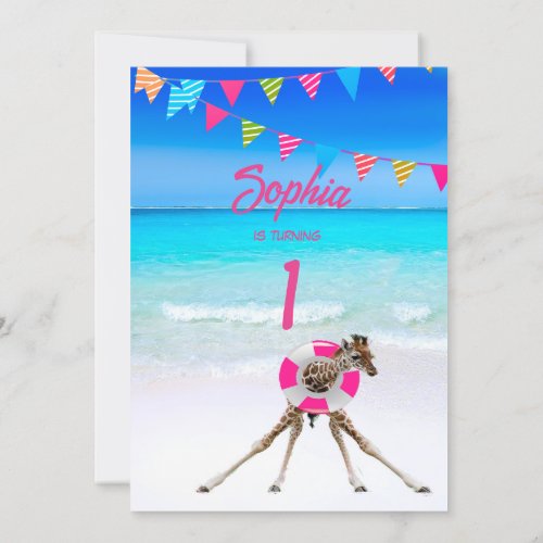 Ist Birthday Seaside Cute Giraffe Flag Bunting Invitation