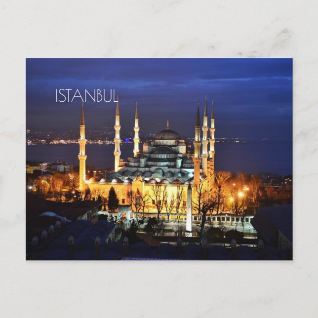 Istanbul Blue Mosque Night Turkey Premium Travel  Holiday Postcard (Front)