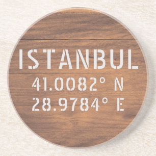 Istanbul Latitude & Longitude Dark Wood Coaster