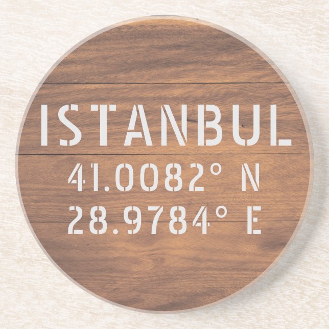 Istanbul Latitude & Longitude Dark Wood  Coaster (Front)