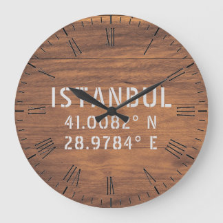 Istanbul Latitude & Longitude Dark Wood Large Clock