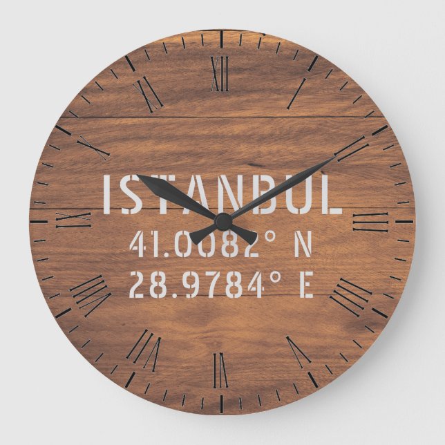 Istanbul Latitude & Longitude Dark Wood  Large Clock (Front)
