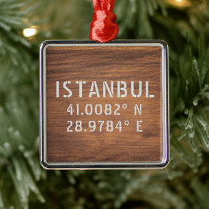 Istanbul Latitude & Longitude Dark Wood Metal Ornament
