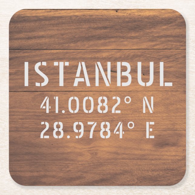 Istanbul Latitude & Longitude Dark Wood  Square Paper Coaster (Front)