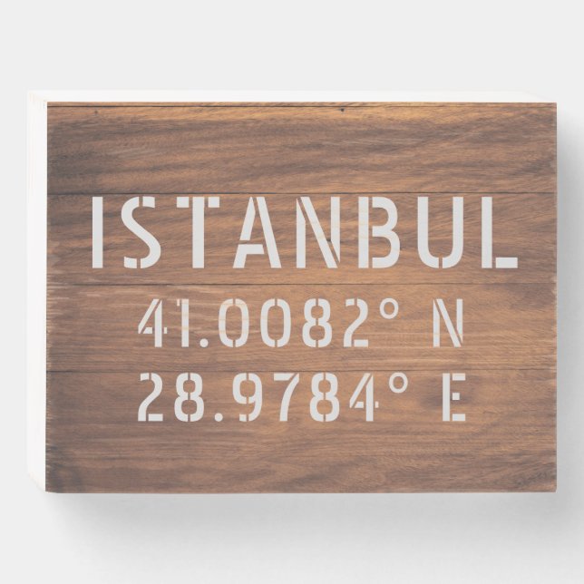 Istanbul Latitude & Longitude Dark Wood  Wooden Box Sign (Front Horizontal)