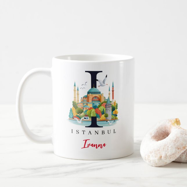 Istanbul Monogram Letter I Personalized Gift Coffee Mug (With Donut)