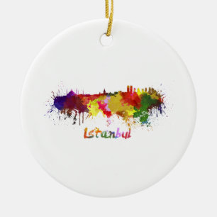 Istanbul skyline in watercolor ceramic ornament