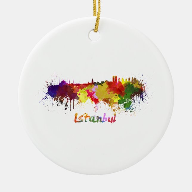 Istanbul skyline in watercolor ceramic ornament (Front)