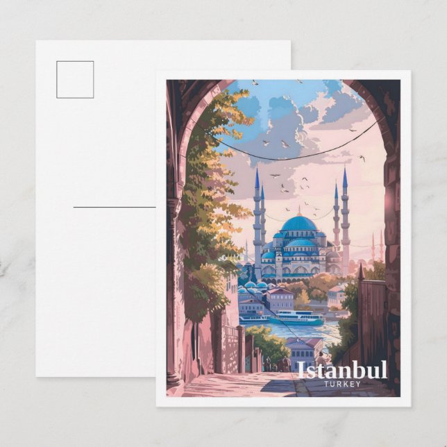 Istanbul Turkey Art Vintage Painting Travel  Postcard (Front/Back)