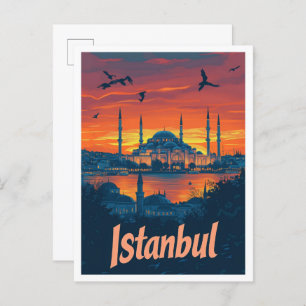 Istanbul Turkey Art Vintage Travel Illustration Postcard
