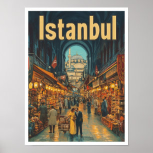 Istanbul Turkey Art Vintage Travel Illustration Poster